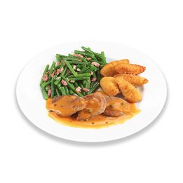 Varkenshaas peperroomsaus bonen spek aardappelkrok  261x261